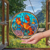 Lobster Stained Glass Suncatcher, Round Ocean Coral Reef Window Panel, Nautical Marine Life Glass Art Coastal Beach House Decor Gift